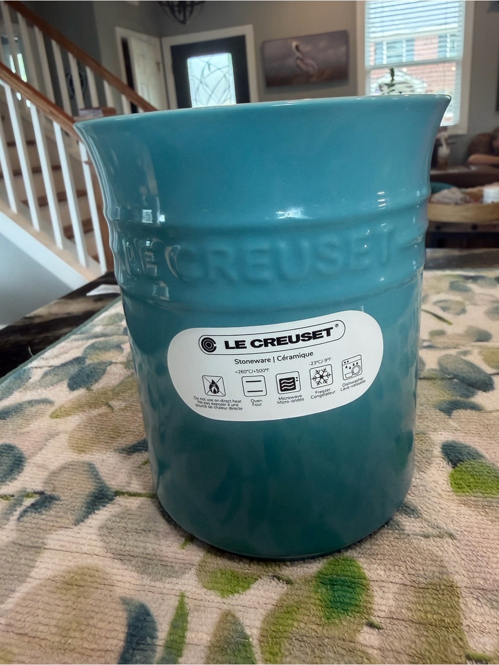 NEW RARE Le Creuset Stoneware Utensil Crock in RETIRED Caribbean Teal Blue
